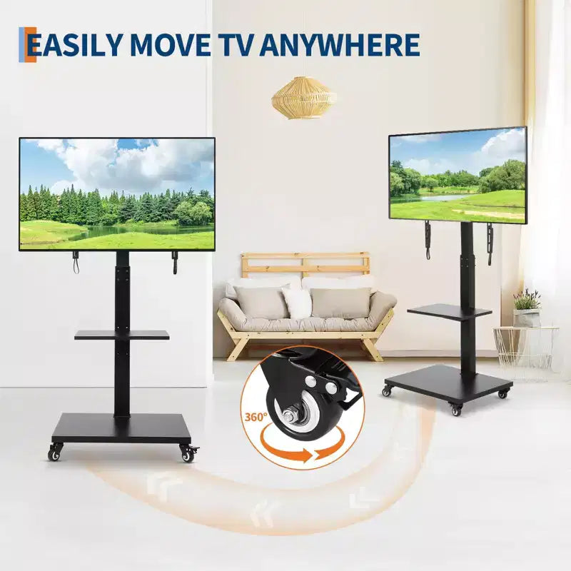 Meuble TV roulant avec prise de courant, chariot TV mobile inclinable et pivotant sur roulettes pour téléviseurs de 32 à 75 pouces jusqu'à 54 kg, réglable en hauteur