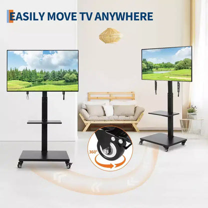Meuble TV roulant avec prise de courant, chariot TV mobile inclinable et pivotant sur roulettes pour téléviseurs de 32 à 75 pouces jusqu'à 54 kg, réglable en hauteur