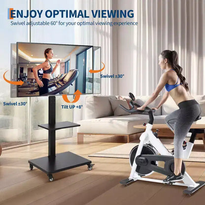 Meuble TV roulant avec prise de courant, chariot TV mobile inclinable et pivotant sur roulettes pour téléviseurs de 32 à 75 pouces jusqu'à 54 kg, réglable en hauteur