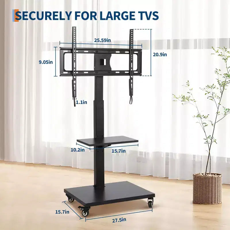 Meuble TV roulant avec prise de courant, chariot TV mobile inclinable et pivotant sur roulettes pour téléviseurs de 32 à 75 pouces jusqu'à 54 kg, réglable en hauteur