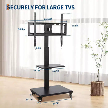 Meuble TV roulant avec prise de courant, chariot TV mobile inclinable et pivotant sur roulettes pour téléviseurs de 32 à 75 pouces jusqu'à 54 kg, réglable en hauteur