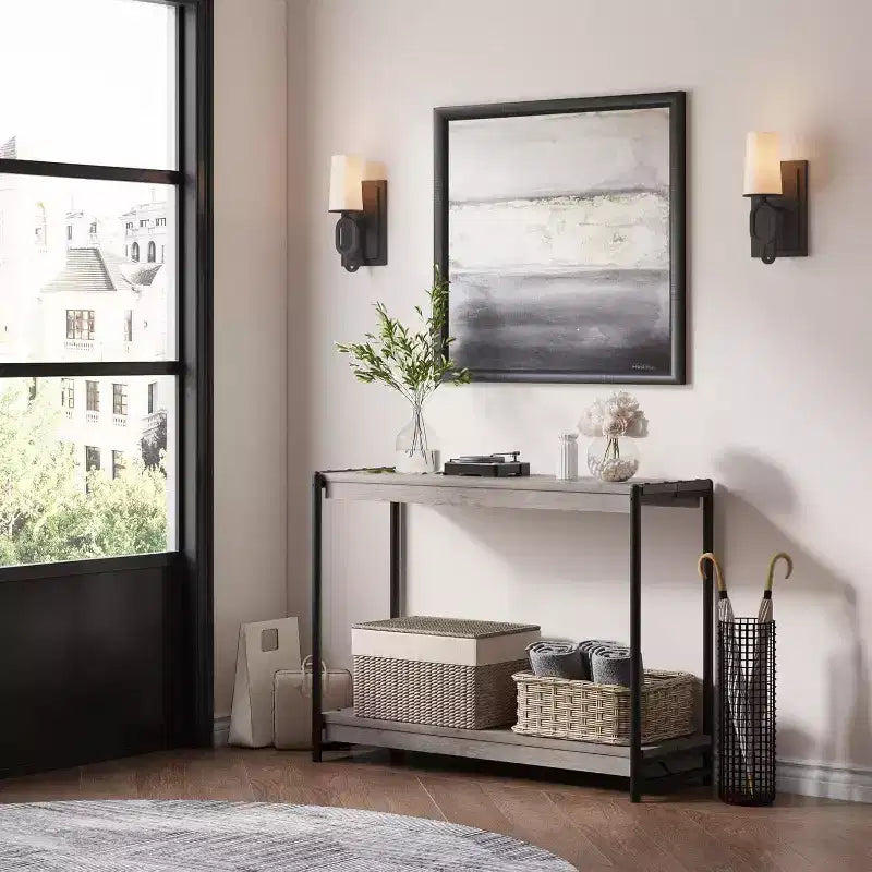 Console en panneaux de particules - Table console de 40 pouces, table à deux niveaux à lattes avec étagères, style rustique de ferme pour entrée, salon, couloir