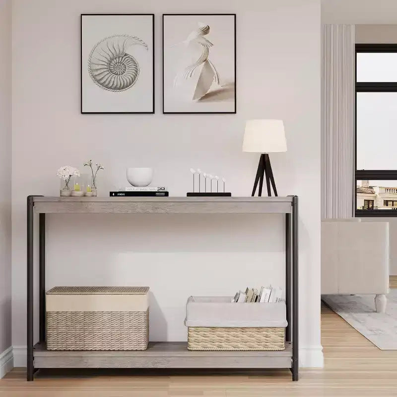 Console en panneaux de particules - Table console de 40 pouces, table à deux niveaux à lattes avec étagères, style rustique de ferme pour entrée, salon, couloir