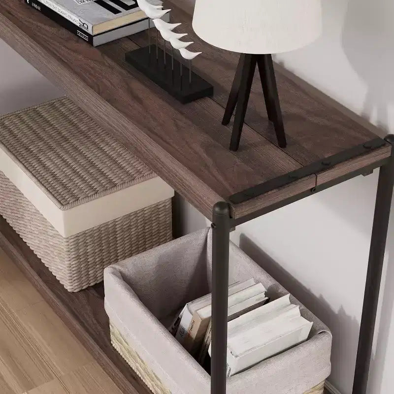 Console en panneaux de particules - Table console de 40 pouces, table à deux niveaux à lattes avec étagères, style rustique de ferme pour entrée, salon, couloir
