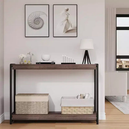 Console en panneaux de particules - Table console de 40 pouces, table à deux niveaux à lattes avec étagères, style rustique de ferme pour entrée, salon, couloir
