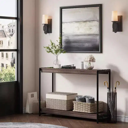 Console en panneaux de particules - Table console de 40 pouces, table à deux niveaux à lattes avec étagères, style rustique de ferme pour entrée, salon, couloir