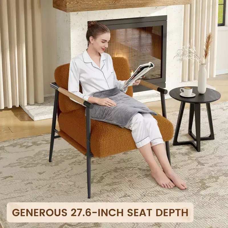 Fauteuil d'appoint moderne, Fauteuil de lecture confortable rembourré en tissu peluche 420g, avec coussin en mousse à ressorts, pour chambre et salon, Marron