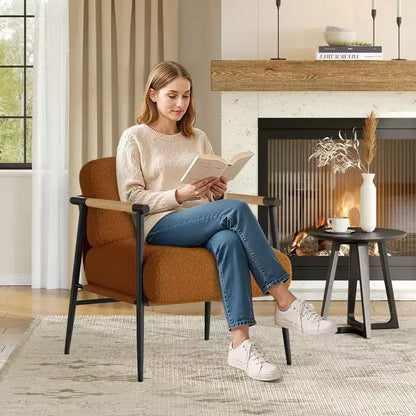Fauteuil d'appoint moderne, Fauteuil de lecture confortable rembourré en tissu peluche 420g, avec coussin en mousse à ressorts, pour chambre et salon, Marron