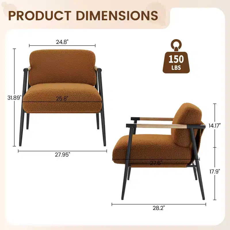 Fauteuil d'appoint moderne, Fauteuil de lecture confortable rembourré en tissu peluche 420g, avec coussin en mousse à ressorts, pour chambre et salon, Marron