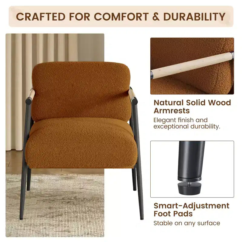 Fauteuil d'appoint moderne, Fauteuil de lecture confortable rembourré en tissu peluche 420g, avec coussin en mousse à ressorts, pour chambre et salon, Marron