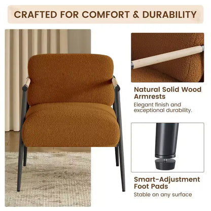 Fauteuil d'appoint moderne, Fauteuil de lecture confortable rembourré en tissu peluche 420g, avec coussin en mousse à ressorts, pour chambre et salon, Marron