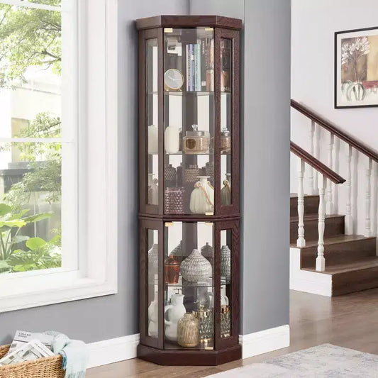 69 Lighted Corner Curio Cabinet with Tempered Glass Door & Shelves, LED Display Case Curved Wall Corner Storage Rack for Bar and Liquor Storage Area