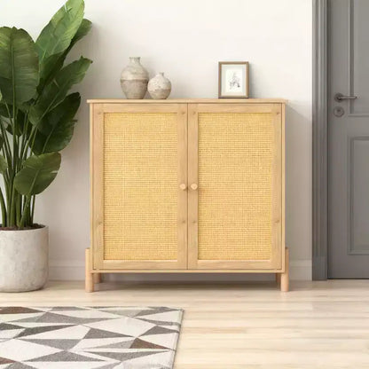 Homy Casa Rattan Door Storage Cabinet with Adjustable Shelves for Living Room, Entryway or Bedroom, Natural