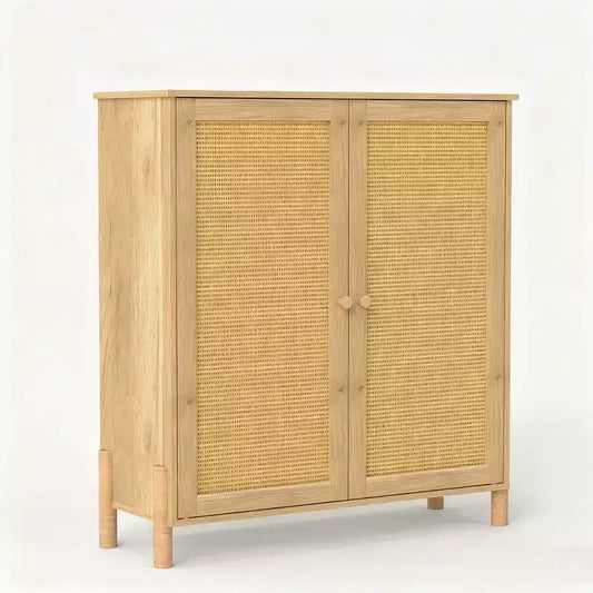 Homy Casa Armoire de rangement avec portes en rotin et étagères réglables pour salon, entrée ou chambre à coucher, naturel