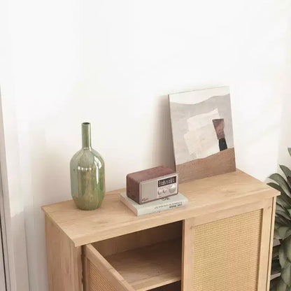 Homy Casa Armoire de rangement avec portes en rotin et étagères réglables pour salon, entrée ou chambre à coucher, naturel