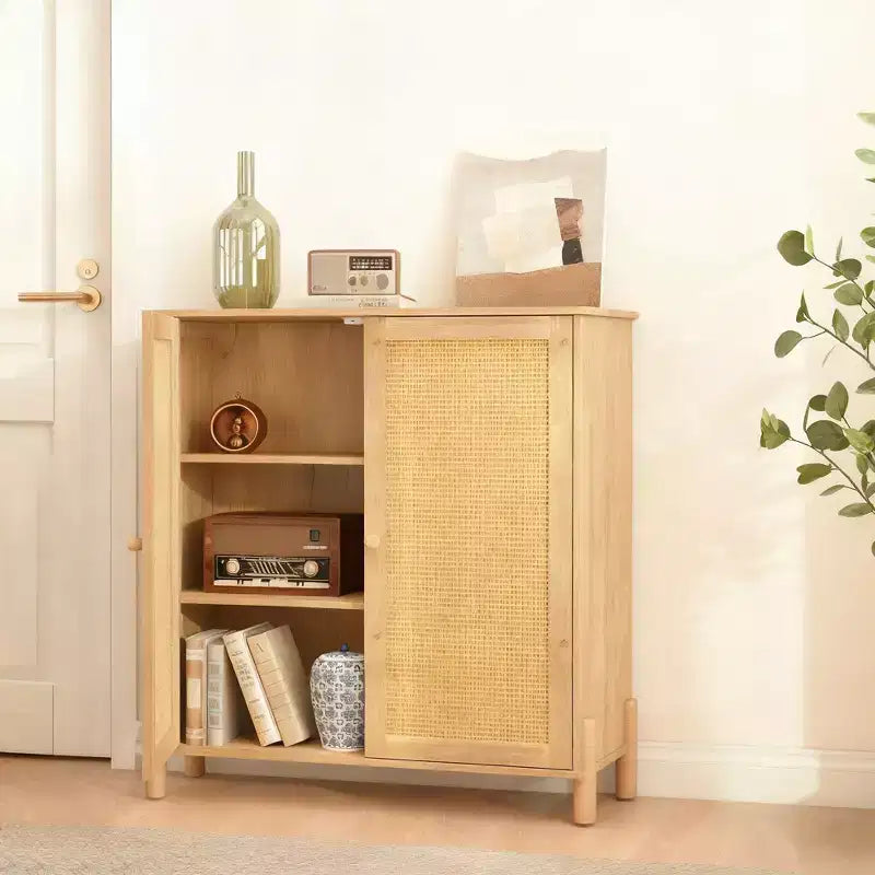 Homy Casa Armoire de rangement avec portes en rotin et étagères réglables pour salon, entrée ou chambre à coucher, naturel