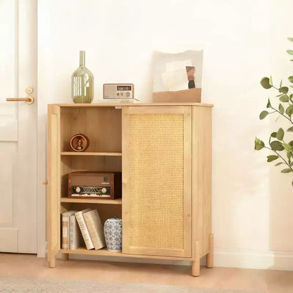 Homy Casa Armoire de rangement avec portes en rotin et étagères réglables pour salon, entrée ou chambre à coucher, naturel