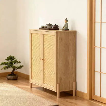 Homy Casa Armoire de rangement avec portes en rotin et étagères réglables pour salon, entrée ou chambre à coucher, naturel