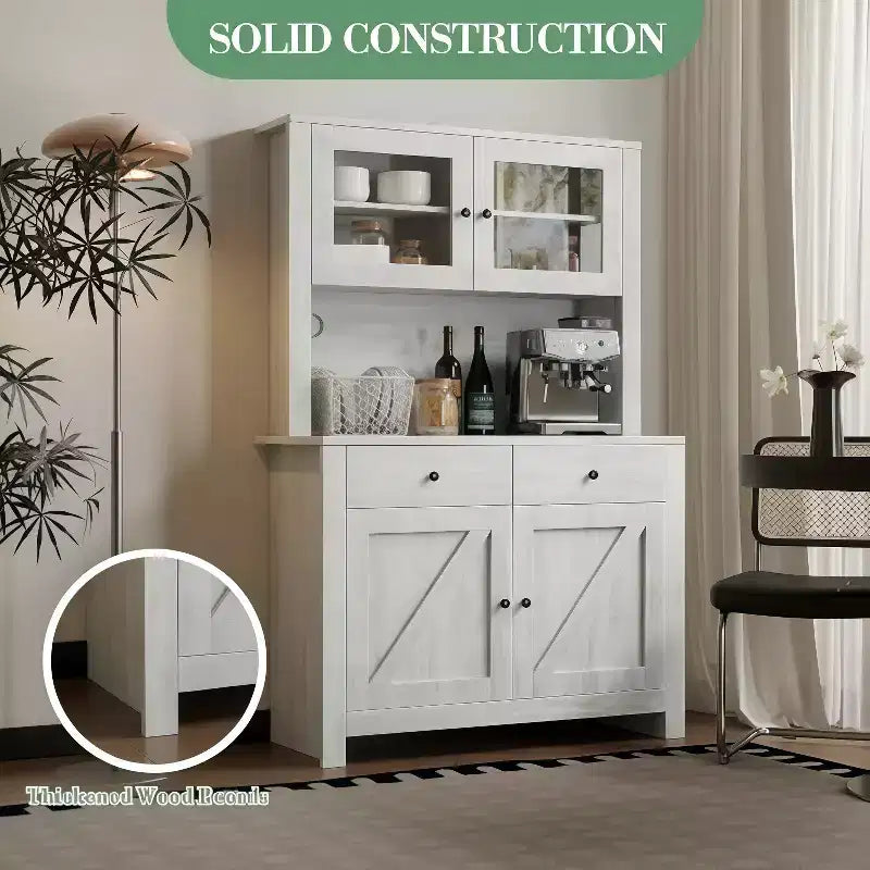 GustoWave Armoire de rangement pour cuisine avec support pour micro-ondes et meuble de bar à café, meuble de type buffet autoportant, étagères réglables, gris lavé