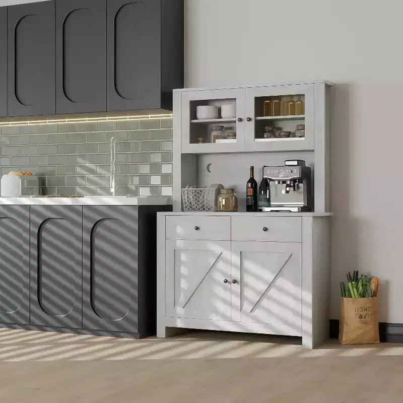 GustoWave Armoire de rangement pour cuisine avec support pour micro-ondes et meuble de bar à café, meuble de type buffet autoportant, étagères réglables, gris lavé