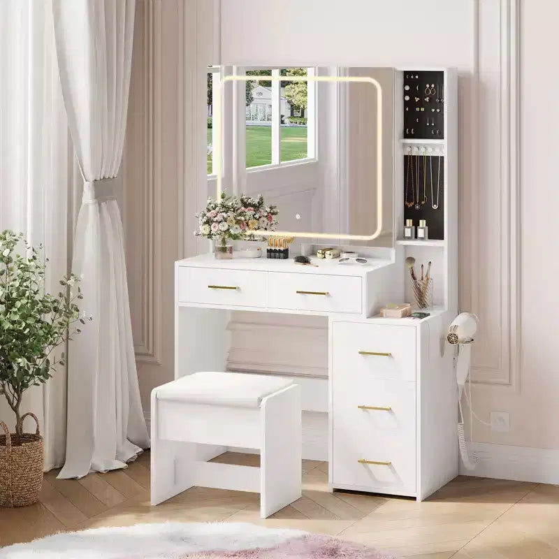 Makeup Vanity Set with Mirror and Lights, Vanity Desk with 5 Drawers, Stool & Power Outlet, 3-Color Lighting Modes with Adjustable Brightness