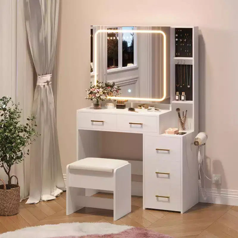 Coiffeuse de maquillage avec miroir et lumières, table de maquillage avec 5 tiroirs, tabouret et prise de courant, 3 modes d'éclairage avec luminosité réglable
