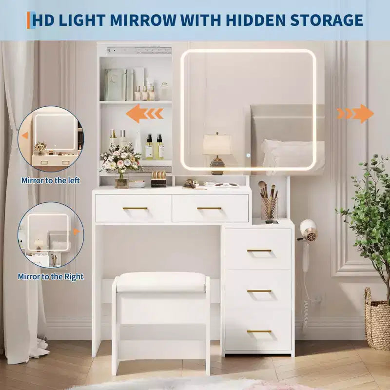Coiffeuse de maquillage avec miroir et lumières, table de maquillage avec 5 tiroirs, tabouret et prise de courant, 3 modes d'éclairage avec luminosité réglable