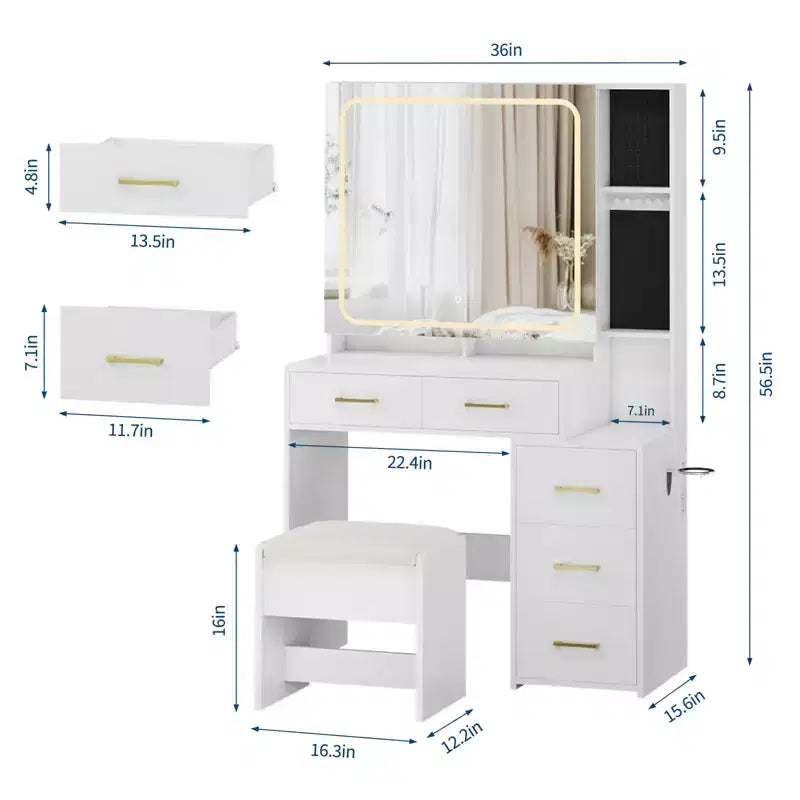 Coiffeuse de maquillage avec miroir et lumières, table de maquillage avec 5 tiroirs, tabouret et prise de courant, 3 modes d'éclairage avec luminosité réglable