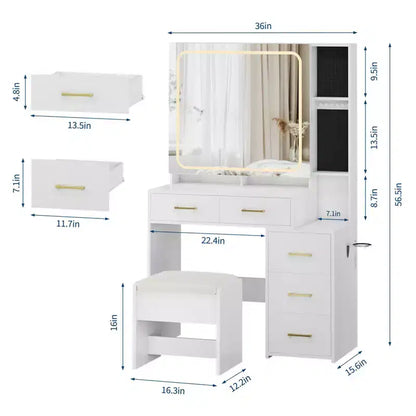 Coiffeuse de maquillage avec miroir et lumières, table de maquillage avec 5 tiroirs, tabouret et prise de courant, 3 modes d'éclairage avec luminosité réglable