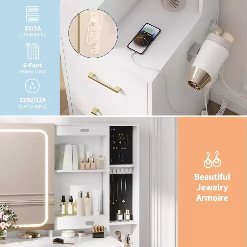 Coiffeuse de maquillage avec miroir et lumières, table de maquillage avec 5 tiroirs, tabouret et prise de courant, 3 modes d'éclairage avec luminosité réglable