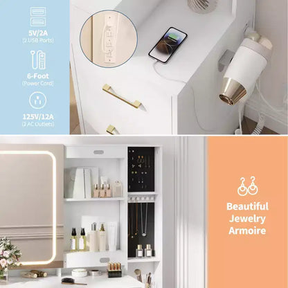 Coiffeuse de maquillage avec miroir et lumières, table de maquillage avec 5 tiroirs, tabouret et prise de courant, 3 modes d'éclairage avec luminosité réglable