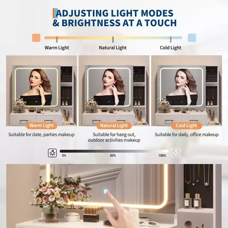 Coiffeuse de maquillage avec miroir et lumières, table de maquillage avec 5 tiroirs, tabouret et prise de courant, 3 modes d'éclairage avec luminosité réglable
