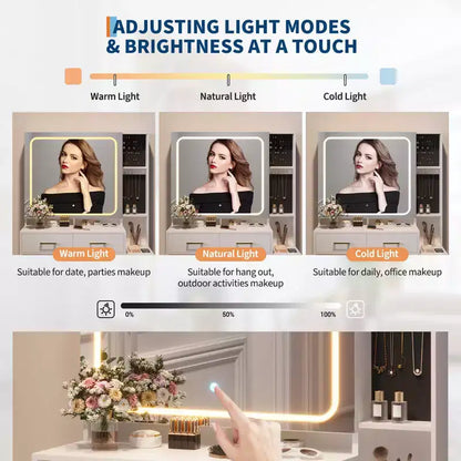 Coiffeuse de maquillage avec miroir et lumières, table de maquillage avec 5 tiroirs, tabouret et prise de courant, 3 modes d'éclairage avec luminosité réglable