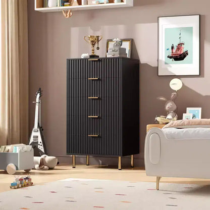 Commode de chambre à 5 tiroirs cannelés, commode moderne de 122 cm de haut avec tiroirs profonds et plateau large, organiseur de commode en bois pour salon