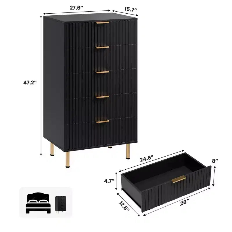 Commode de chambre à 5 tiroirs cannelés, commode moderne de 122 cm de haut avec tiroirs profonds et plateau large, organiseur de commode en bois pour salon