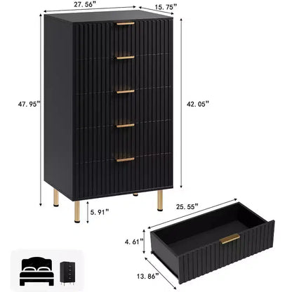 Commode de chambre à 5 tiroirs cannelés, commode moderne de 122 cm de haut avec tiroirs profonds et plateau large, organiseur de commode en bois pour salon