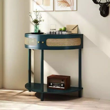 Console semi-circulaire élégante Okak avec portes coulissantes en rotin, Table d'entrée avec grande étagère, Table de couloir pour salon, chambre à coucher