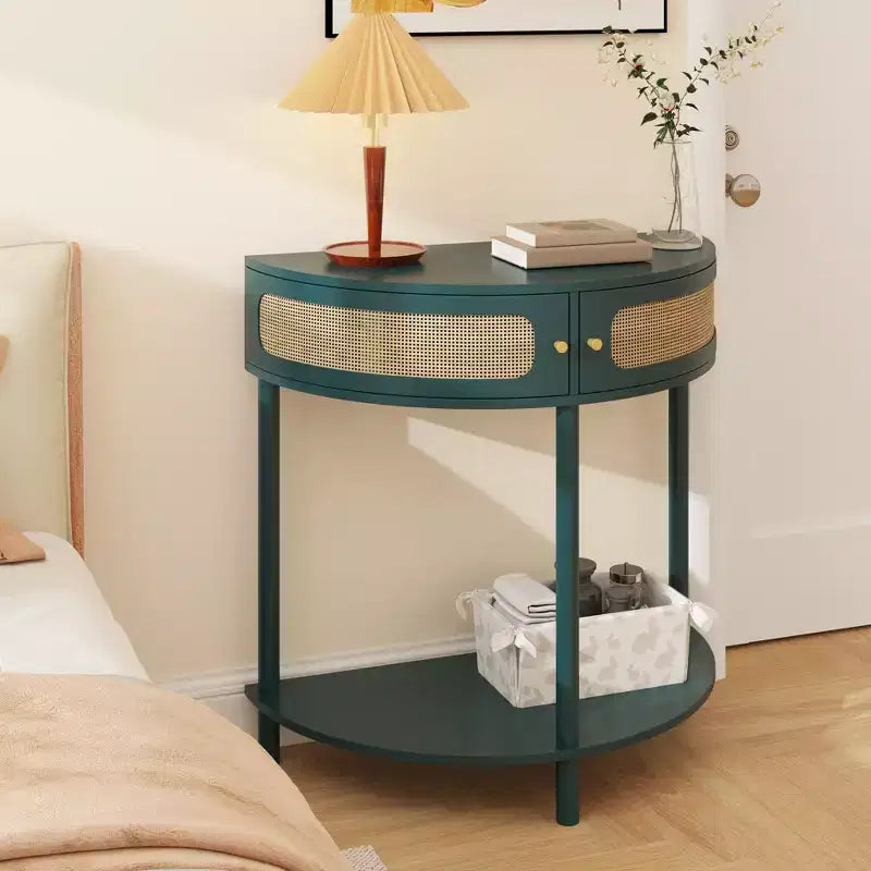 Console semi-circulaire élégante Okak avec portes coulissantes en rotin, Table d'entrée avec grande étagère, Table de couloir pour salon, chambre à coucher