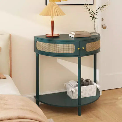 Console semi-circulaire élégante Okak avec portes coulissantes en rotin, Table d'entrée avec grande étagère, Table de couloir pour salon, chambre à coucher