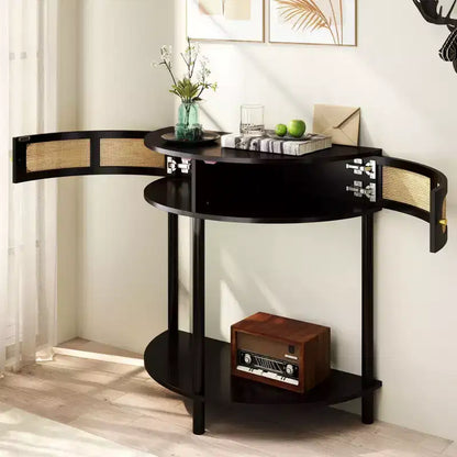 Console semi-circulaire élégante Okak avec portes coulissantes en rotin, Table d'entrée avec grande étagère, Table de couloir pour salon, chambre à coucher