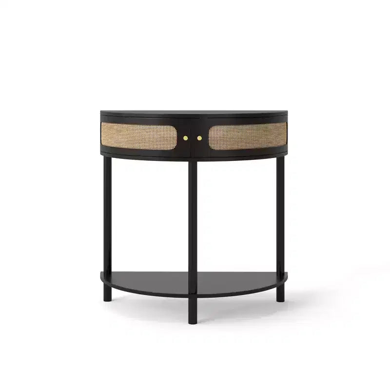 Console semi-circulaire élégante Okak avec portes coulissantes en rotin, Table d'entrée avec grande étagère, Table de couloir pour salon, chambre à coucher