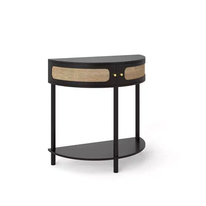 Console semi-circulaire élégante Okak avec portes coulissantes en rotin, Table d'entrée avec grande étagère, Table de couloir pour salon, chambre à coucher