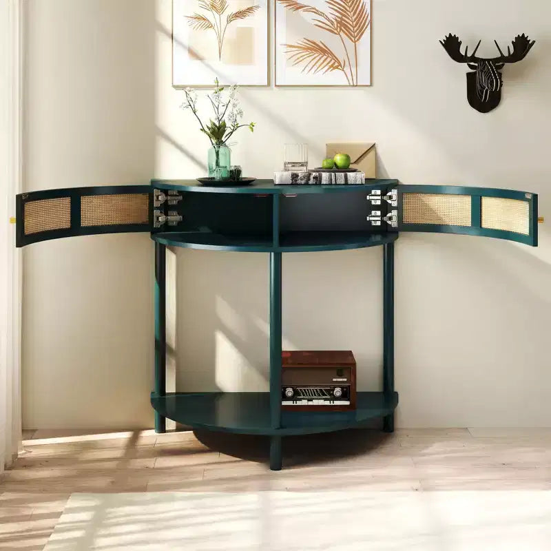 Console semi-circulaire élégante Okak avec portes coulissantes en rotin, Table d'entrée avec grande étagère, Table de couloir pour salon, chambre à coucher