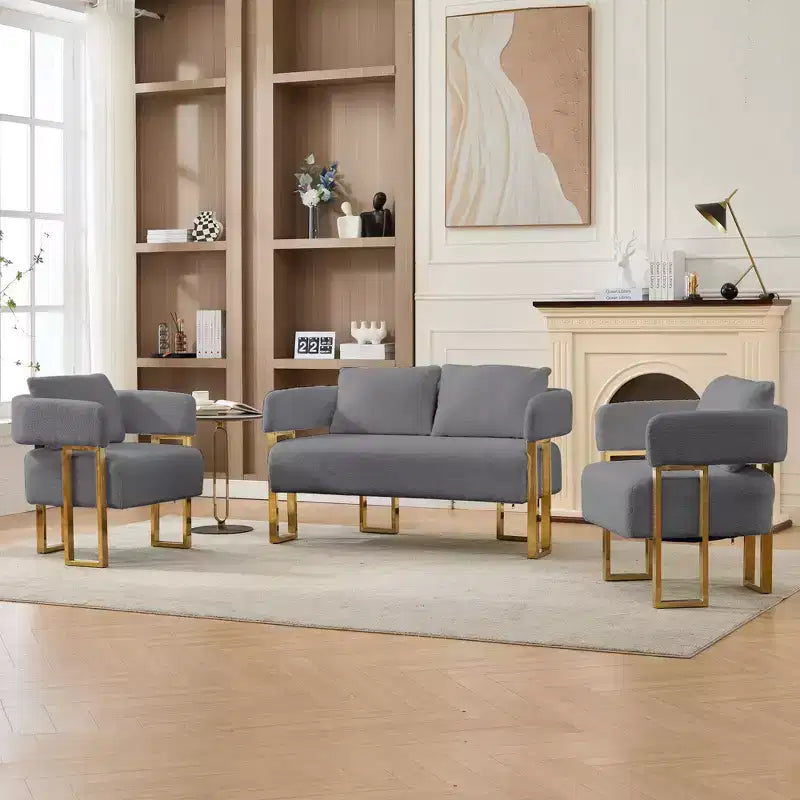 Fauteuil moderne Okak en molleton Teddy avec cadre en métal doré, fauteuil de réception pour salons, zones de détente
