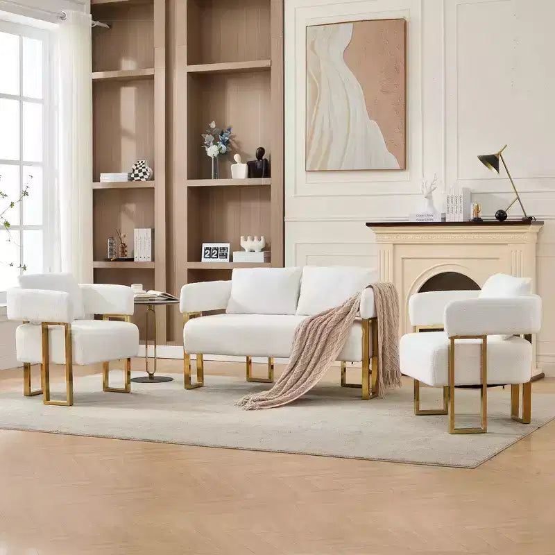 Fauteuil moderne Okak en molleton Teddy avec cadre en métal doré, fauteuil de réception pour salons, zones de détente
