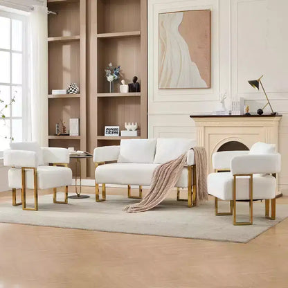Fauteuil moderne Okak en molleton Teddy avec cadre en métal doré, fauteuil de réception pour salons, zones de détente