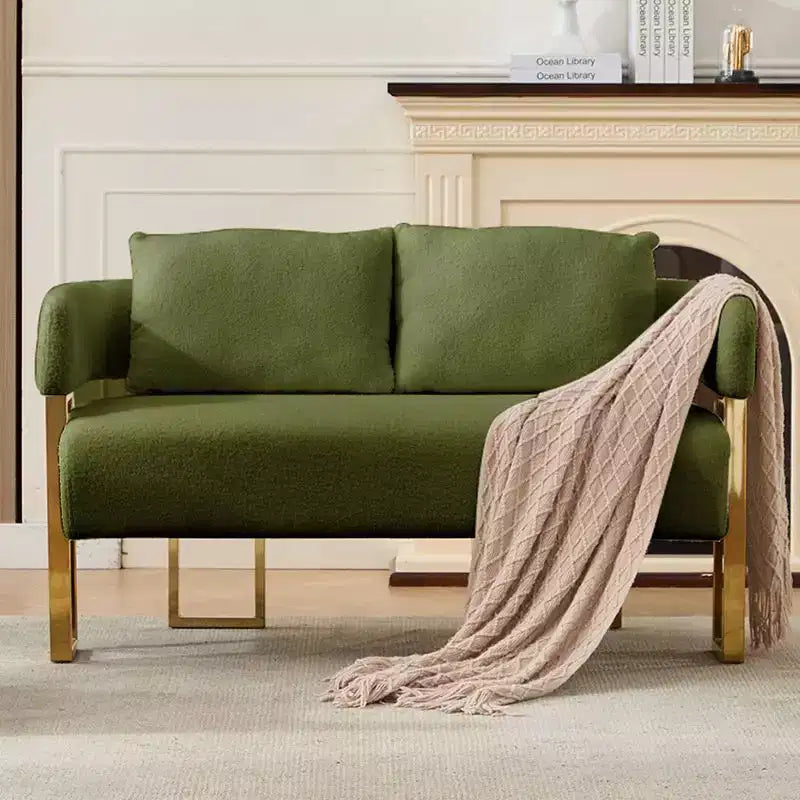 Fauteuil moderne Okak en molleton Teddy avec cadre en métal doré, fauteuil de réception pour salons, zones de détente