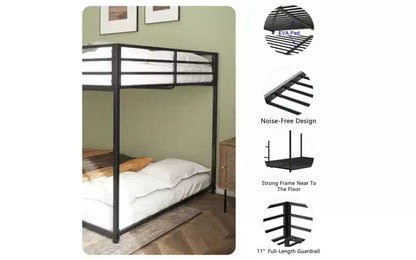 ZevemomoLit superposé complet sur complet pour enfants, cadre de lit bas en métal avec échelle intégrée, protection supérieure haute, lit de sol inférieur, pas besoin de sommier tapissier, noir