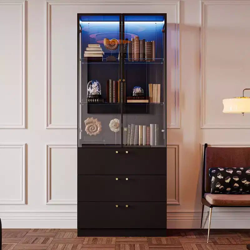 Meuble d'exposition moderne en verre Famapy avec lumières LED, 3 tiroirs et étagères en verre trempé, bibliothèque, vitrine pour présenter livres/décorations avec style