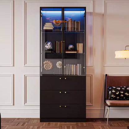 Meuble d'exposition moderne en verre Famapy avec lumières LED, 3 tiroirs et étagères en verre trempé, bibliothèque, vitrine pour présenter livres/décorations avec style